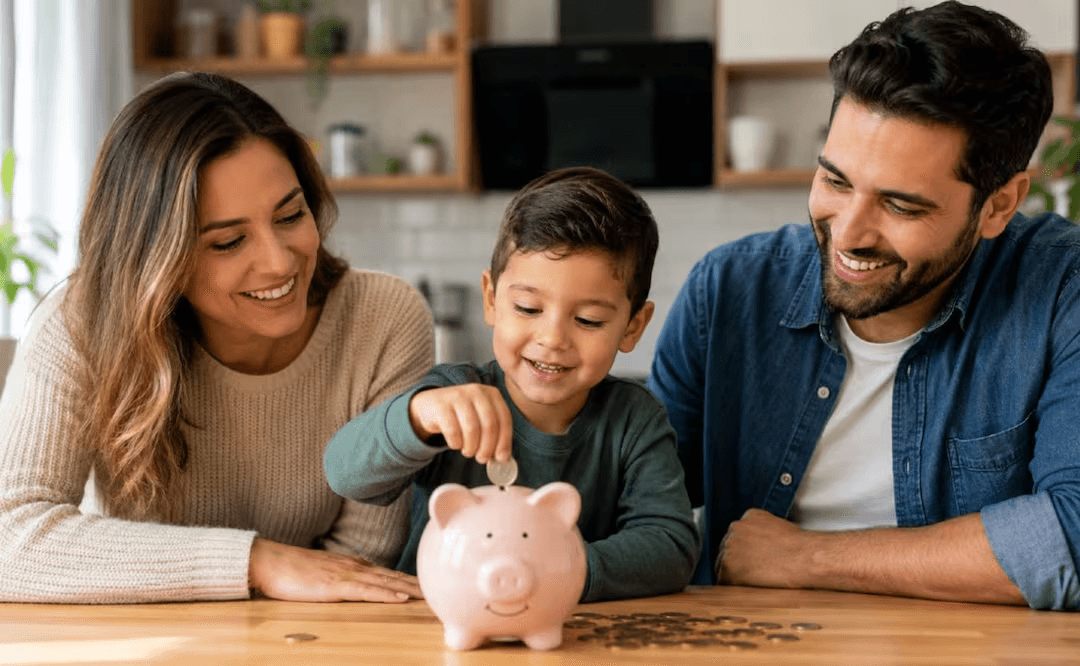 Familia reunida en la cocina guardando una moneda en una alcancía rosada